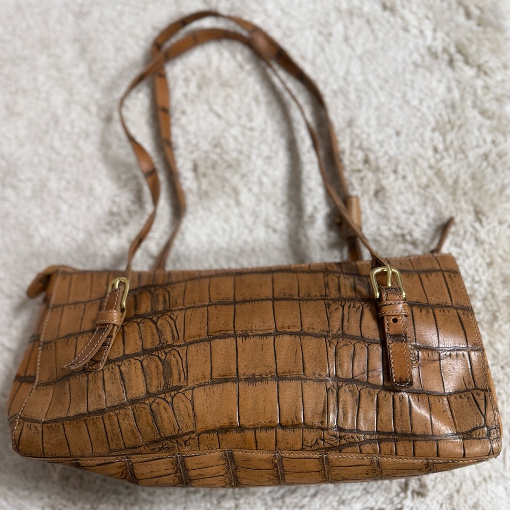 Vintage Y2K Brahmin Tan Brown Croc Embossed Leather Shoulder Baguette Style Bag